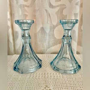 Set of Fostoria Virginia Light Blue Glass
Candlestick Holders 6”